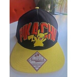 Pokemon Pikachu Snapback Hat Black Yellow, Embroidered, Adjustable